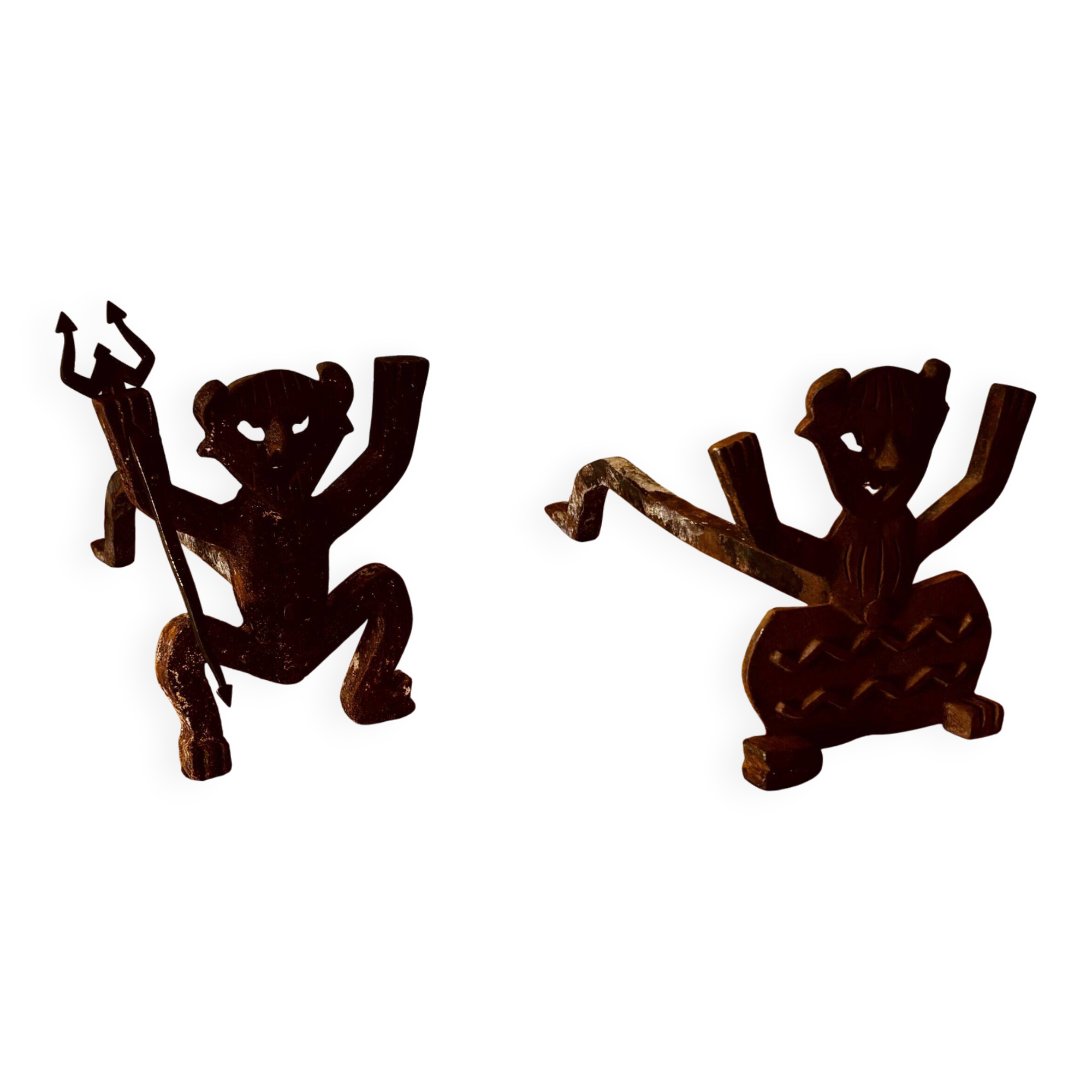 Pair of cast iron fire dogs - Devil & Deviless - Early 20th century