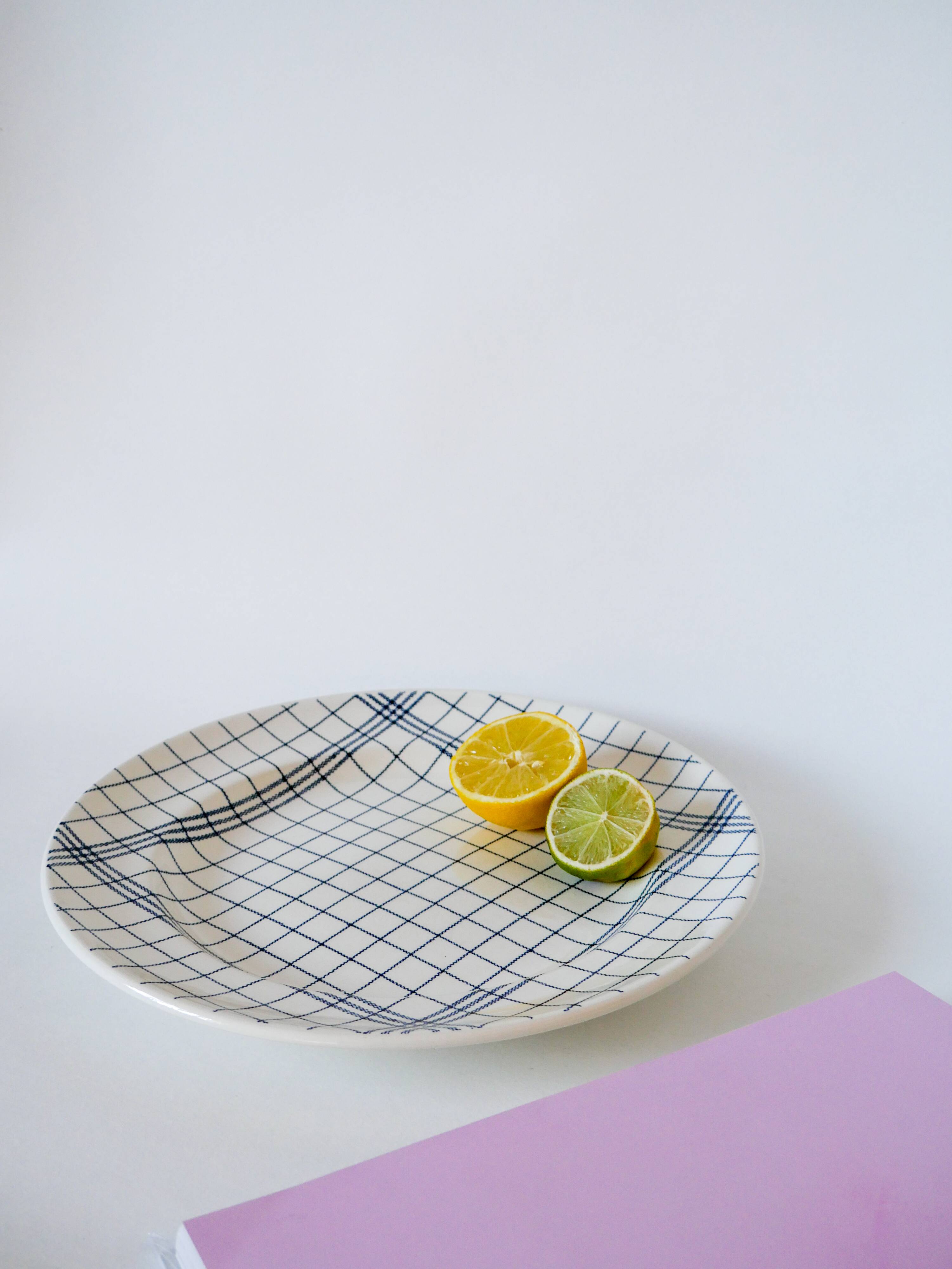 large round dish Gien blue and white striped 1960