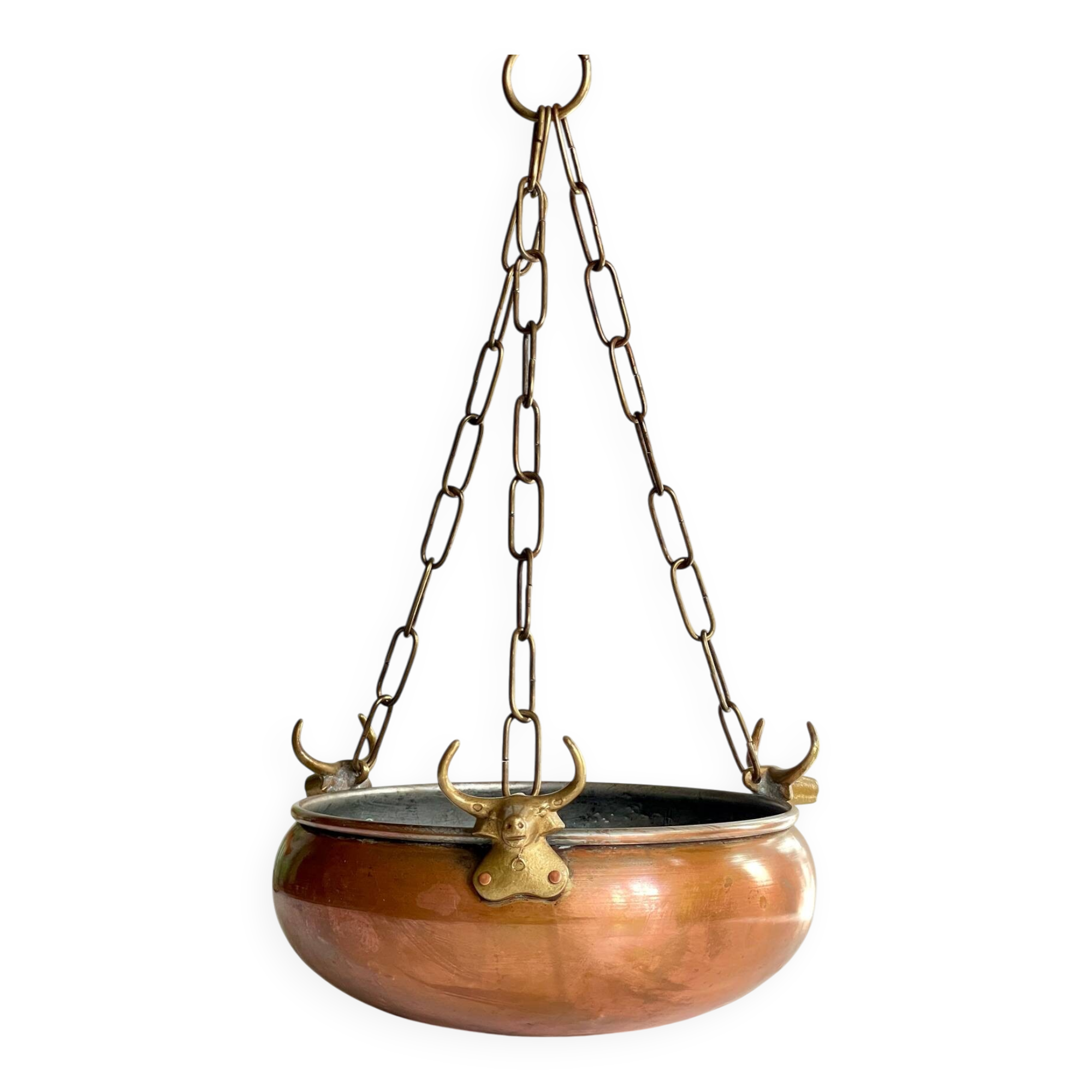 Cache-pot suspendu aux 3 buffles vintage