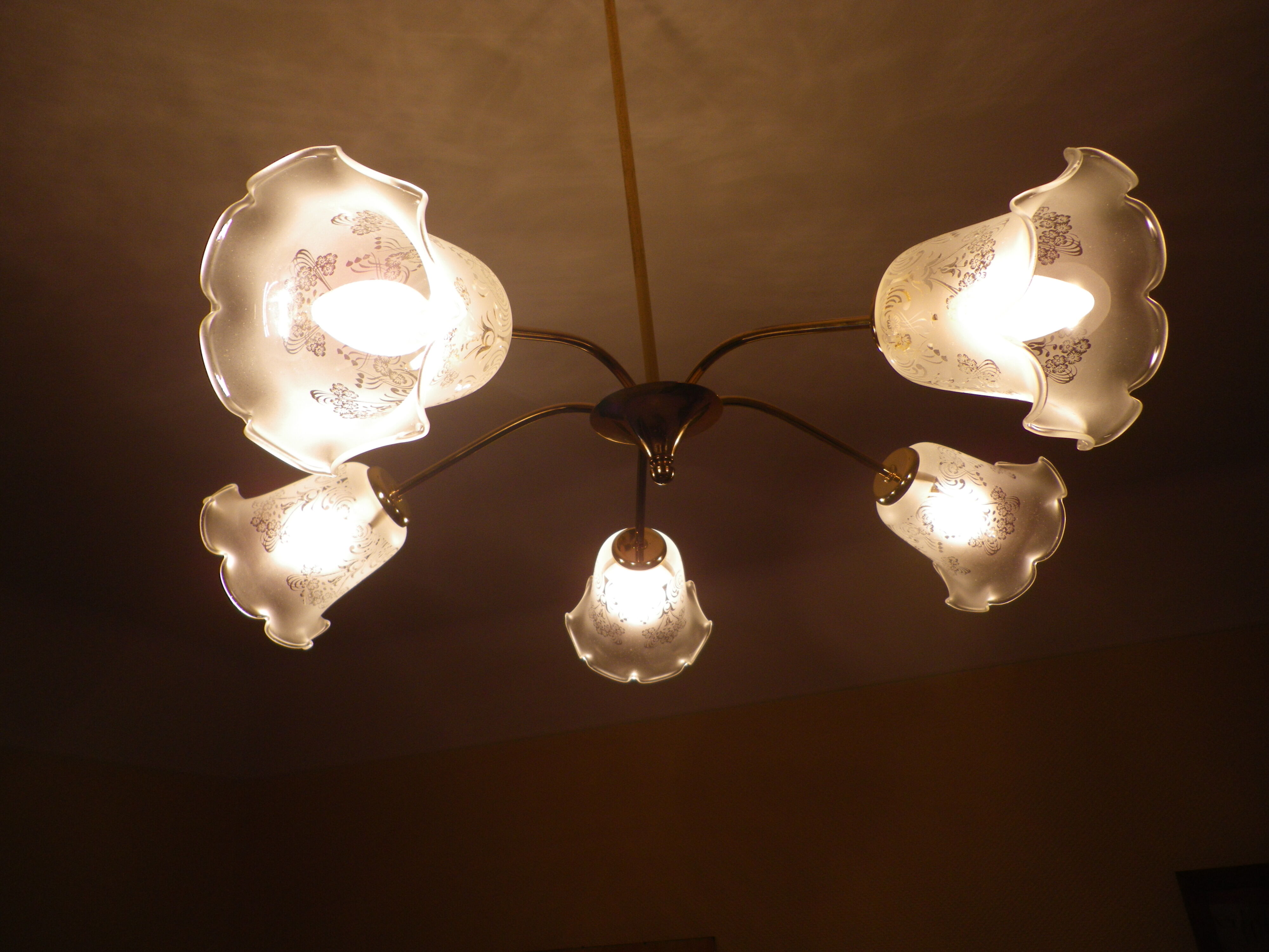 Gilded metal chandelier, 5 branches, opaque glass cupola - 60s/70s