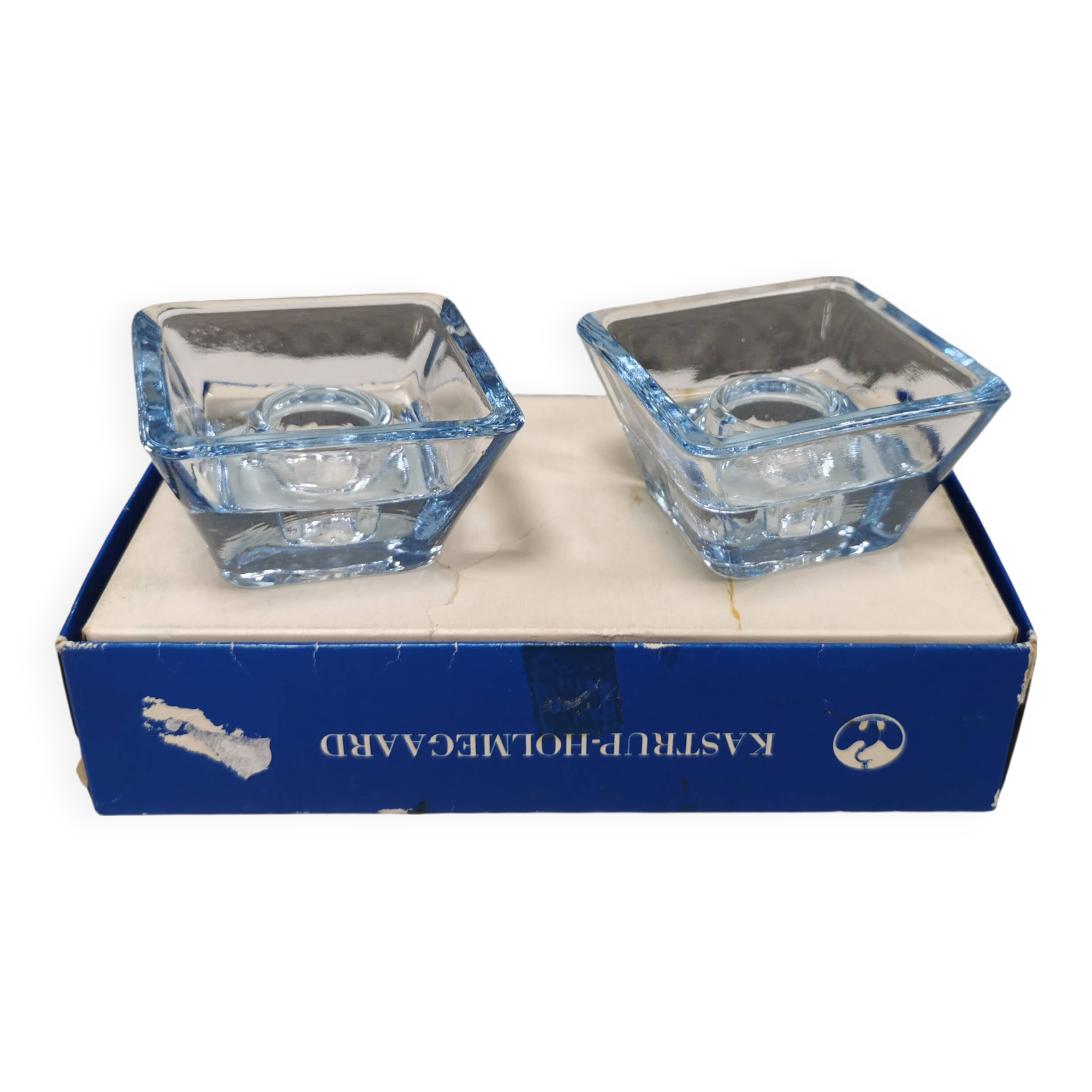 Two candleholders in turquoise/tranparent glass from Danish Kastrup-Holmegaard glassworks 1965-72