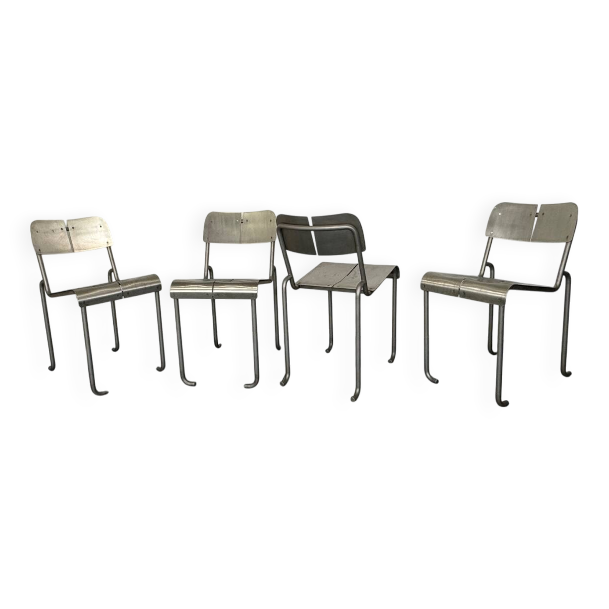 Memphis Architectural Stainless Steel French Dining Chairs, 1980s Set of 4