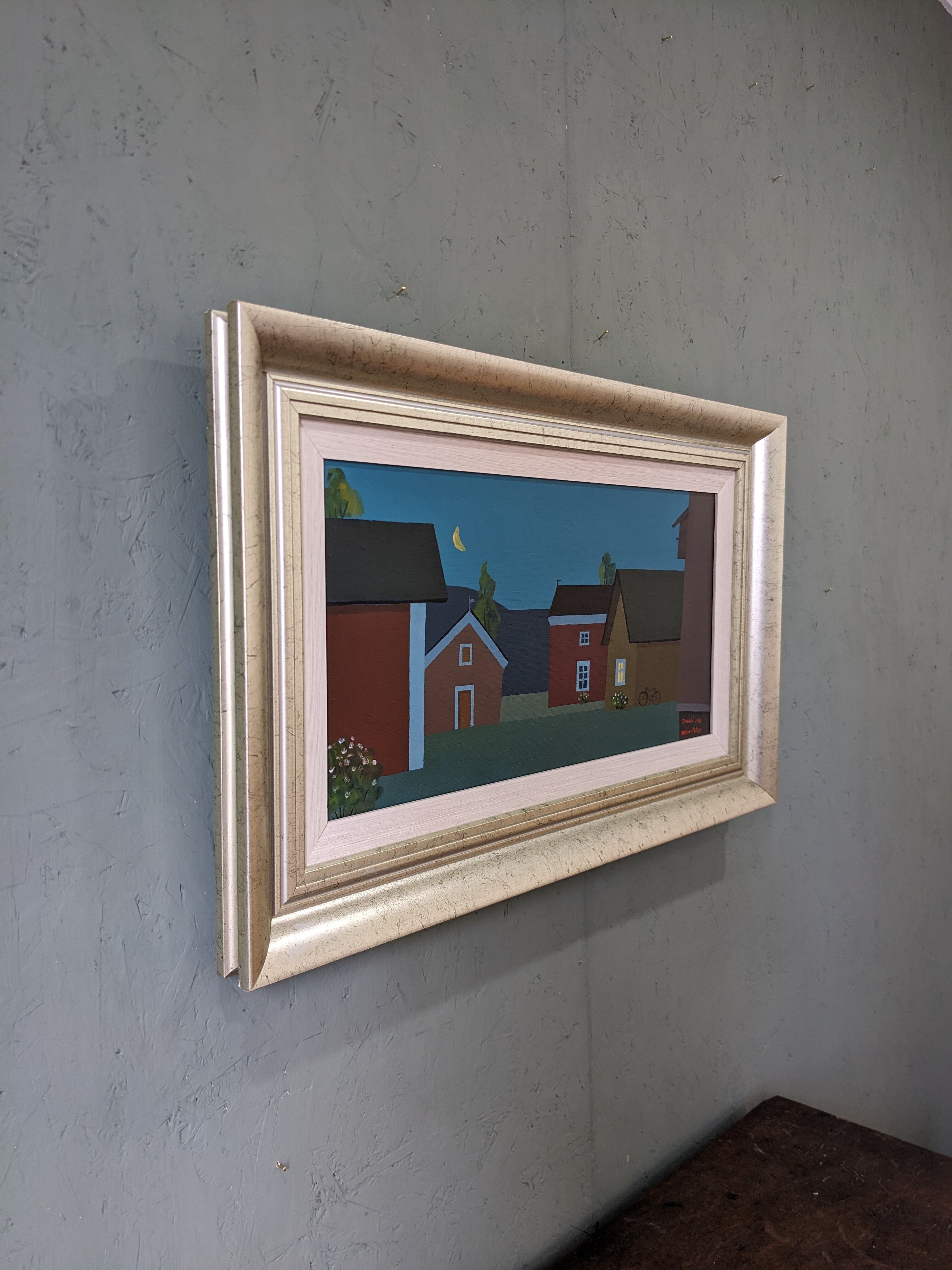 Contemporary Modernist Style Swedish "Houses at Midnight" Framed Street Scene Oil Painting, 1998