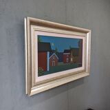Style moderniste contemporain suédois « Maisons à minuit » Peinture à l’huile encadrée de scène de rue, 1998