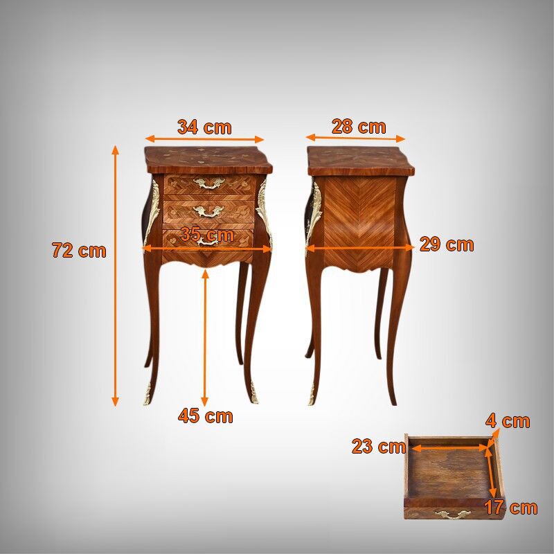 Pair of bedside tables in marquetry, Louis XV style – Mid 20th century