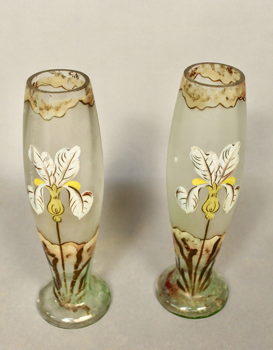 Pair of glass vases with iris enamelled decor