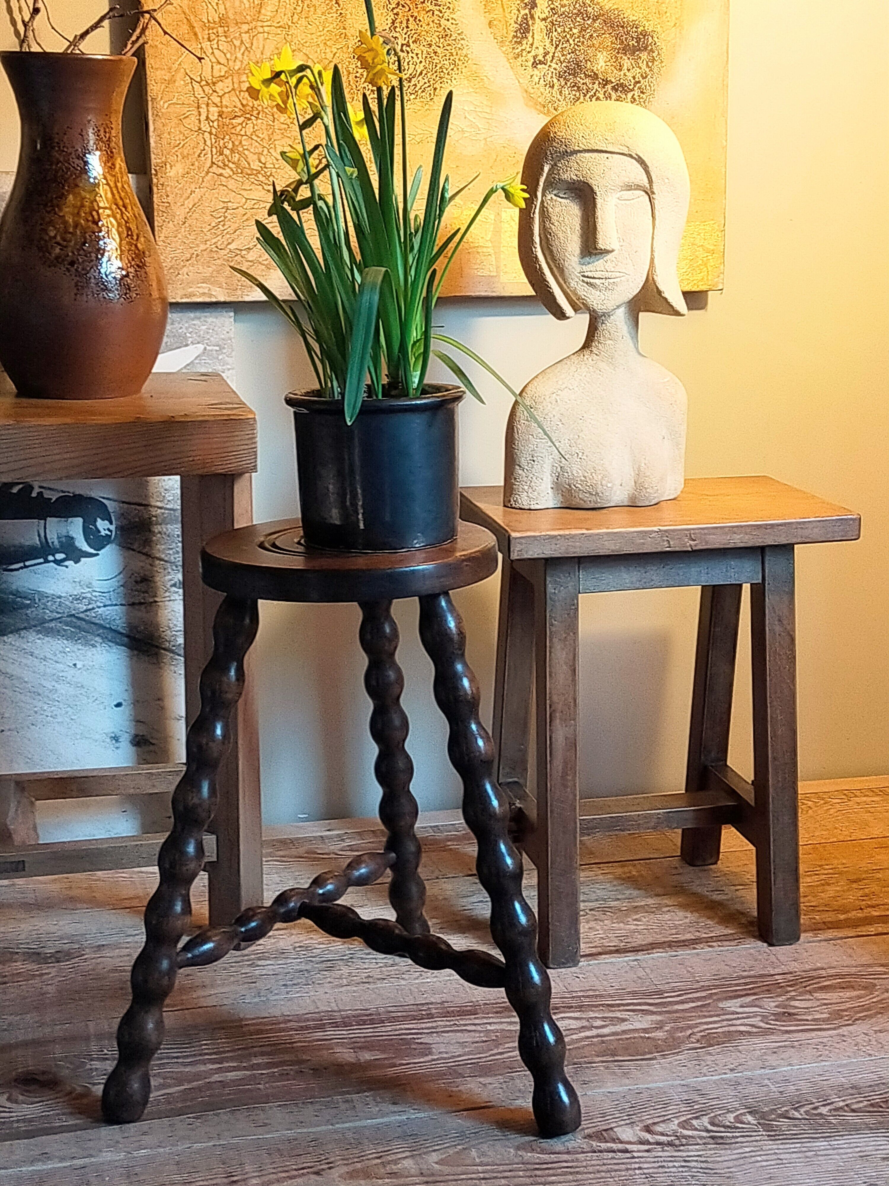 Tripod stool solid wood turned vintage