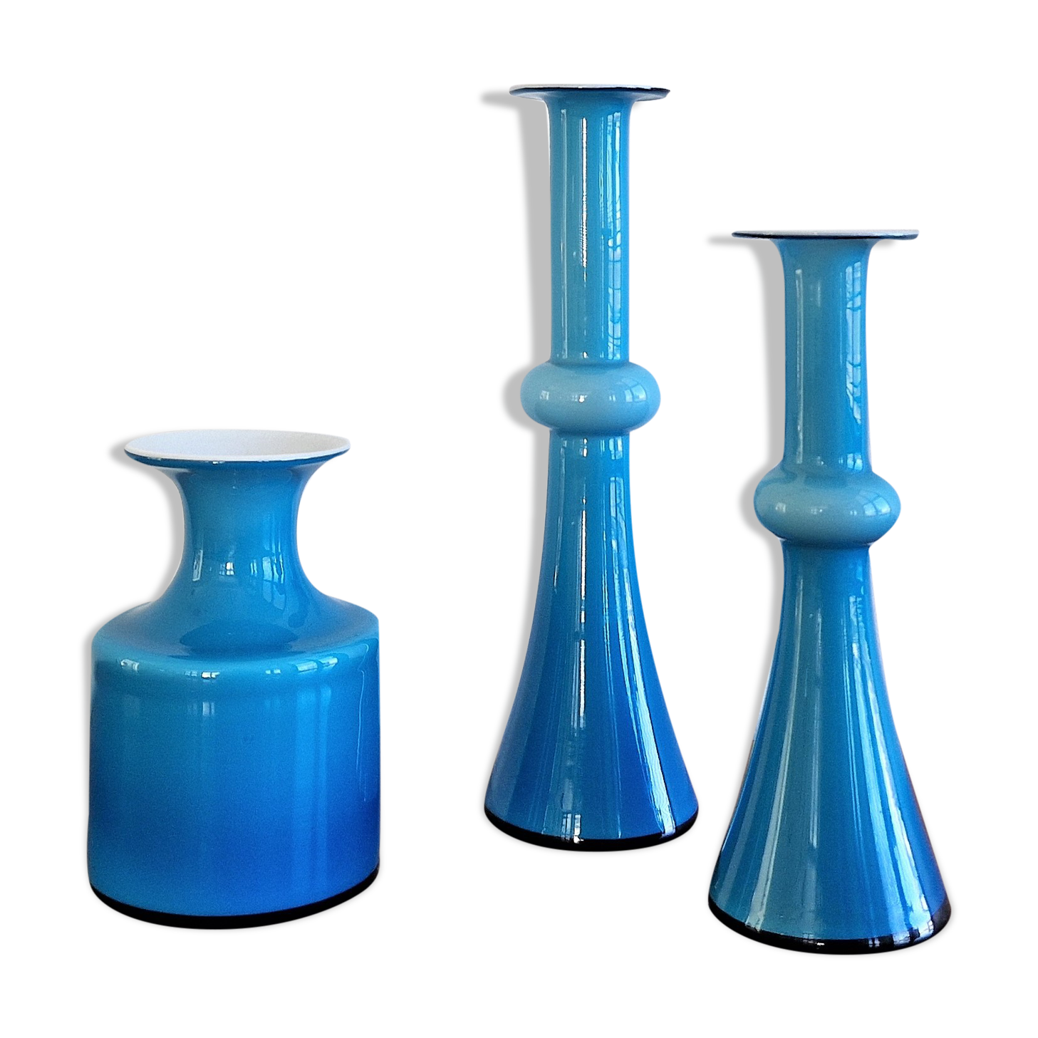 Arrangement of 3 blue glass 'Carnaby' vases by Per Lütken for Holmegaard, Denmark 1960's