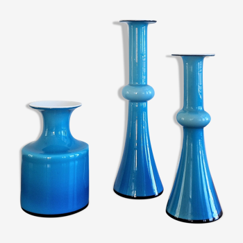 Arrangement of 3 blue glass 'Carnaby' vases by Per Lütken for Holmegaard, Denmark 1960's