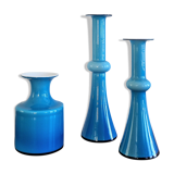 Arrangement of 3 blue glass 'Carnaby' vases by Per Lütken for Holmegaard, Denmark 1960's