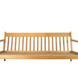 Three seater sofa of oak and red wool fabric designed by Hans J. Wegner