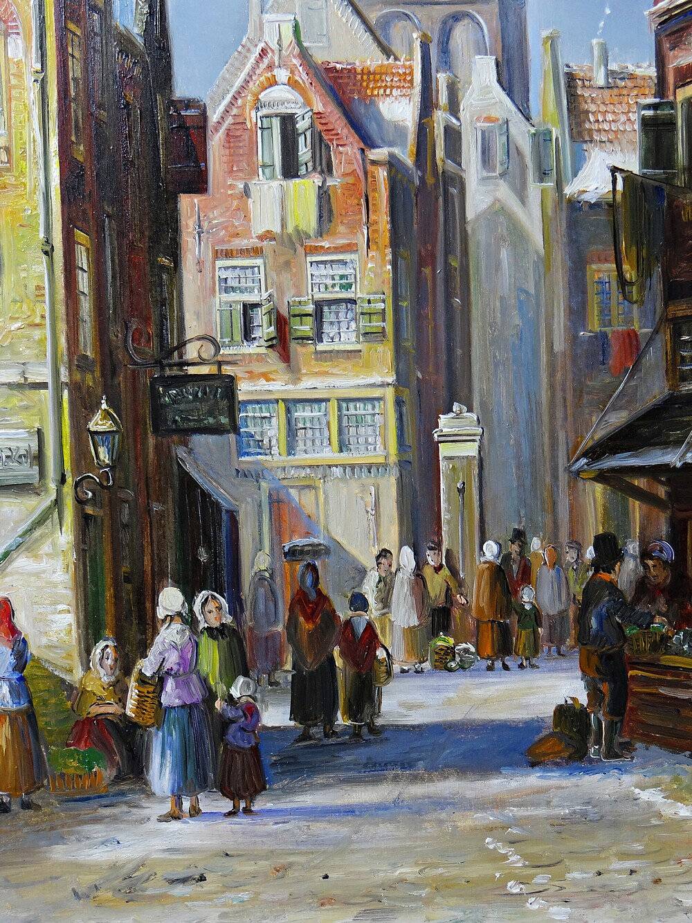 Large painting of an urban scene, oil on wood, framed, John Haanstra, vintage.