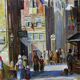 Large painting of an urban scene, oil on wood, framed, John Haanstra, vintage.