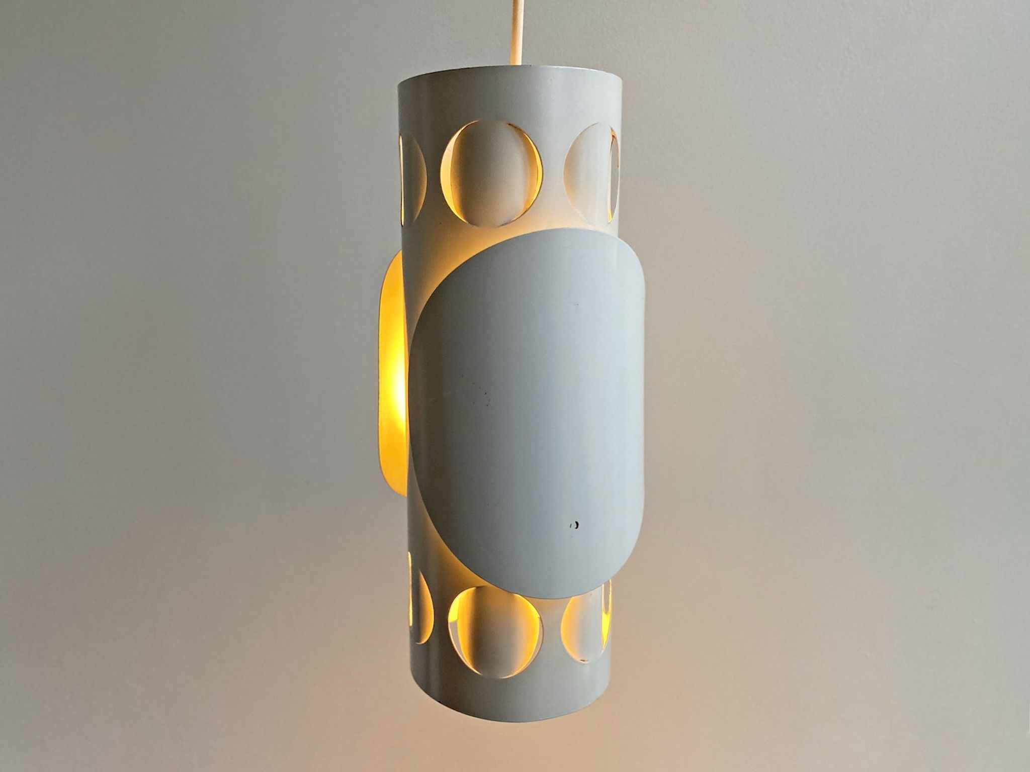 Rare mid century cylinder hanging lamp with circles, circles, discs