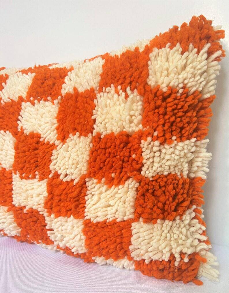 Orange Berber cushion for home decor Checkered pillow cover Moroccan cushion C