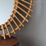 Asymmetrical vintage rattan wicker bamboo sun mirror Scandinavian craftsmanship