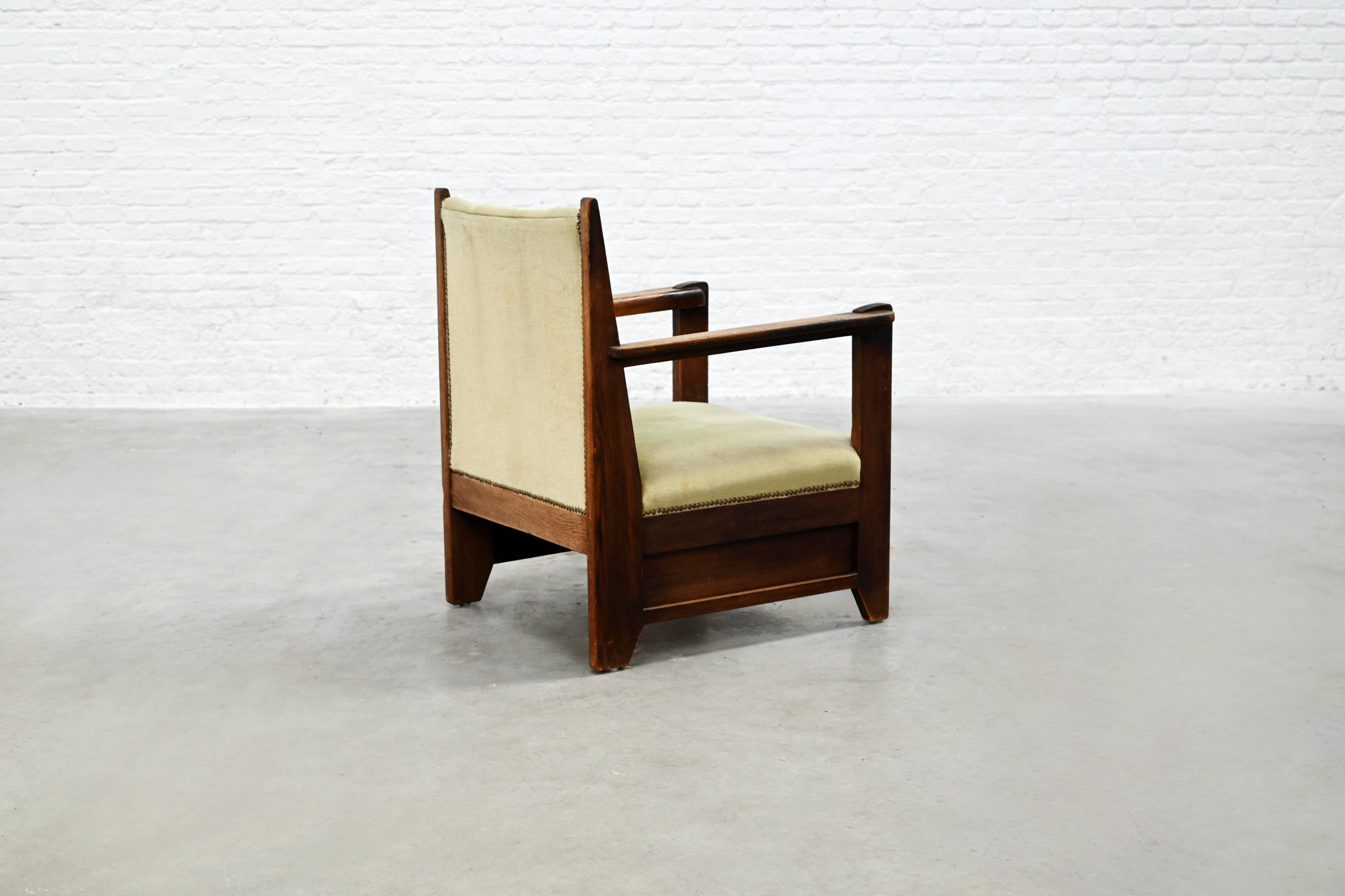 Hague School Sculptural Armchair, Stained Oak, The Netherlands, 1920s