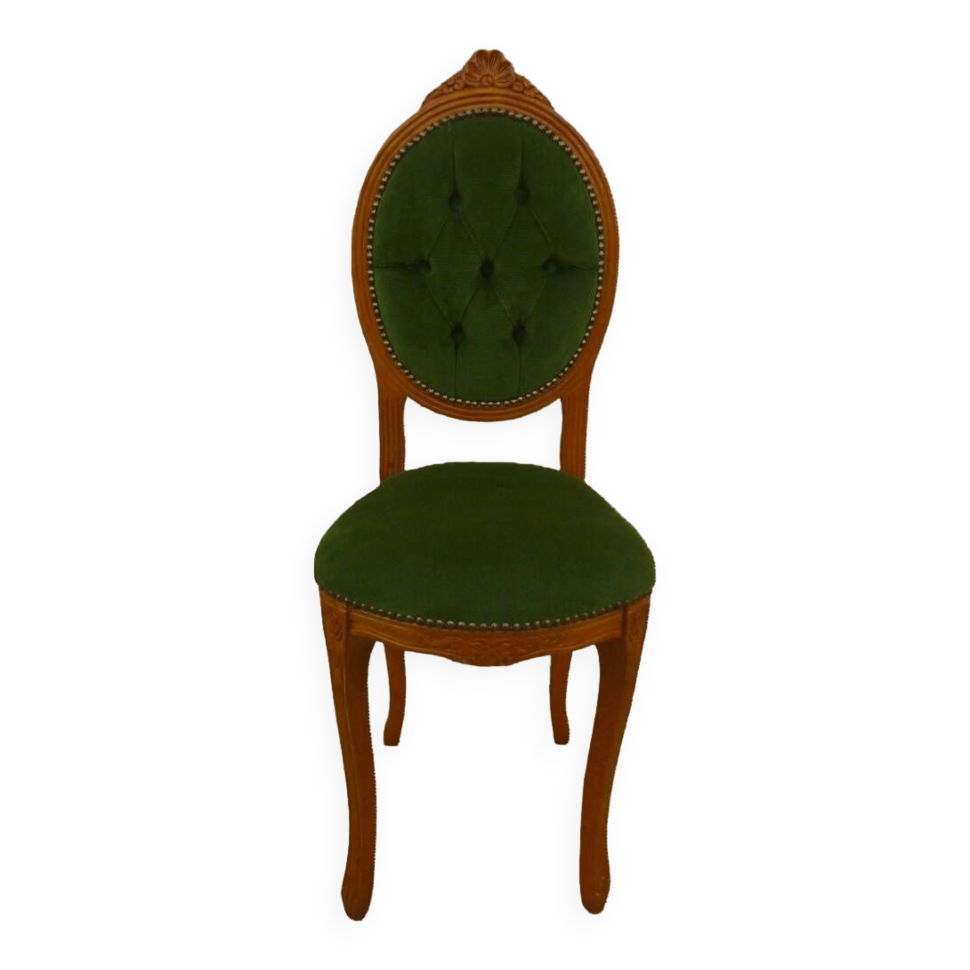 Chaise médaillon ancienne chic de style avec tissus velours vert et clous