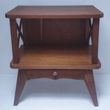 vintage wooden bedside table with crossbars and tapered legs