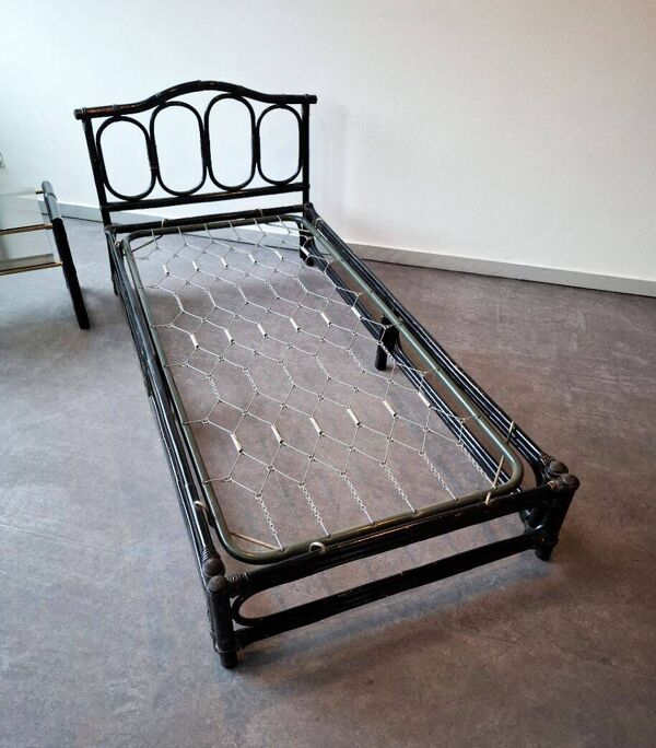 Ensemble lit et chevet en bambou & rotin, design italien, années 70