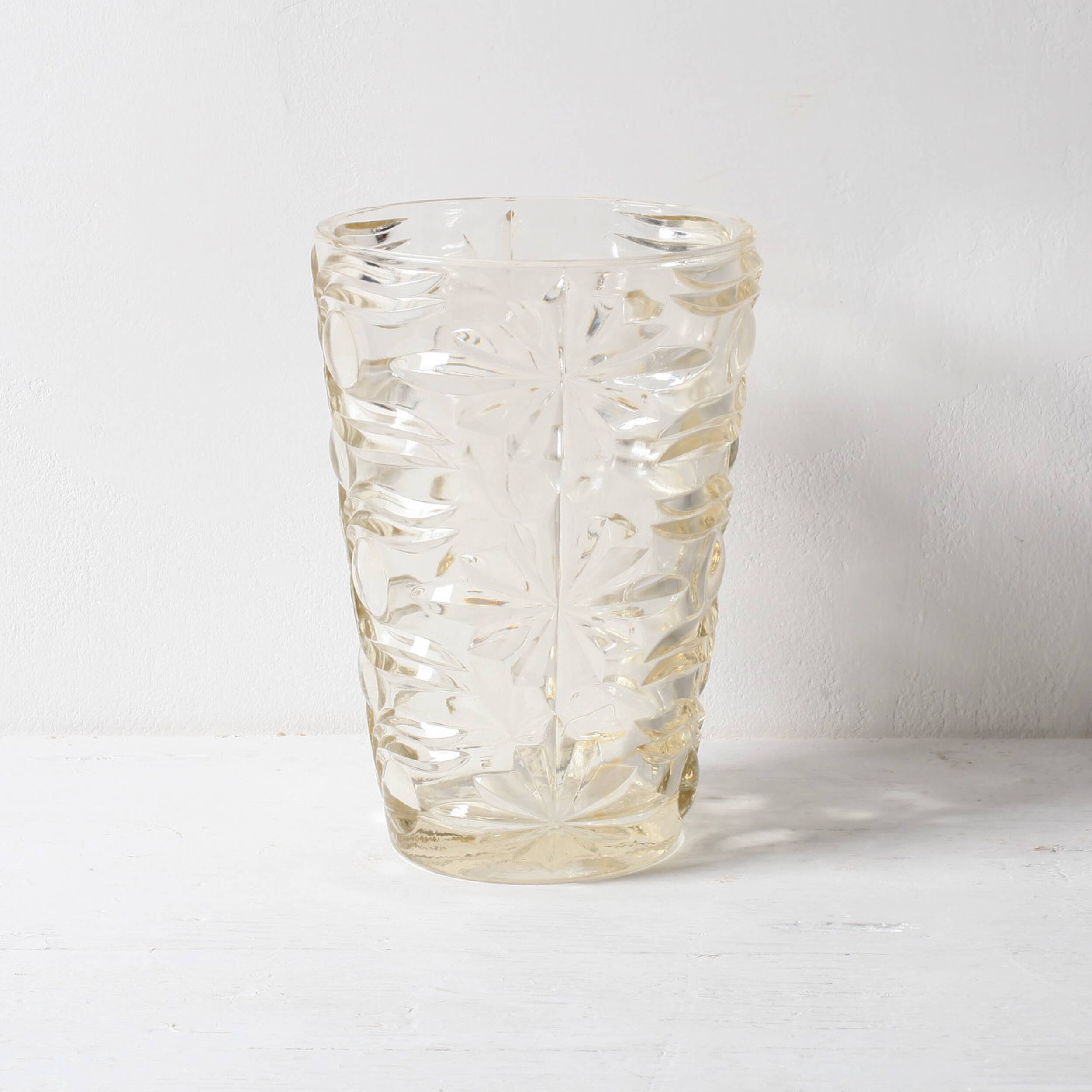 Mid-century Solid Heavy Clear Pattered Glass Flower Vase / Fidenza / Italy
