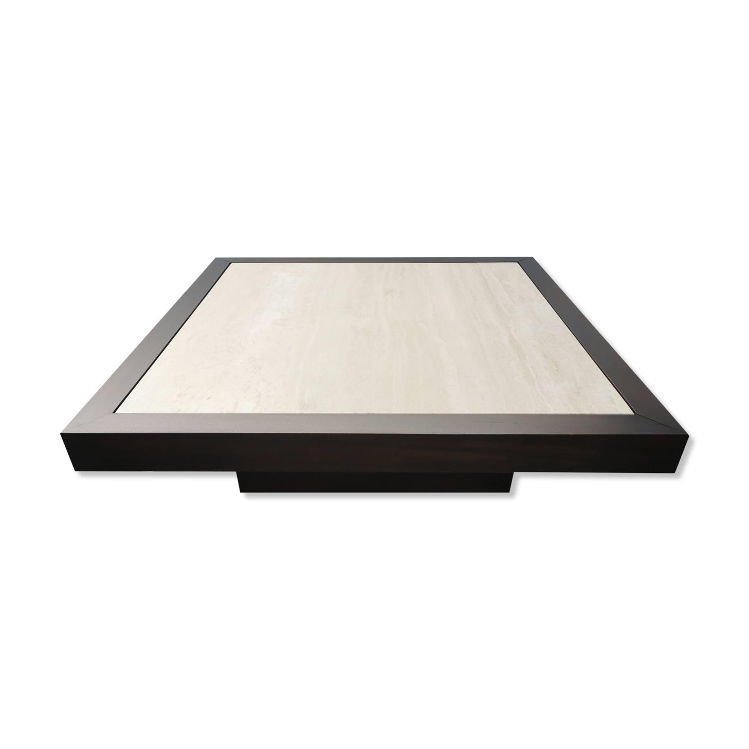 Table basse vintage travertin et bois design 1970