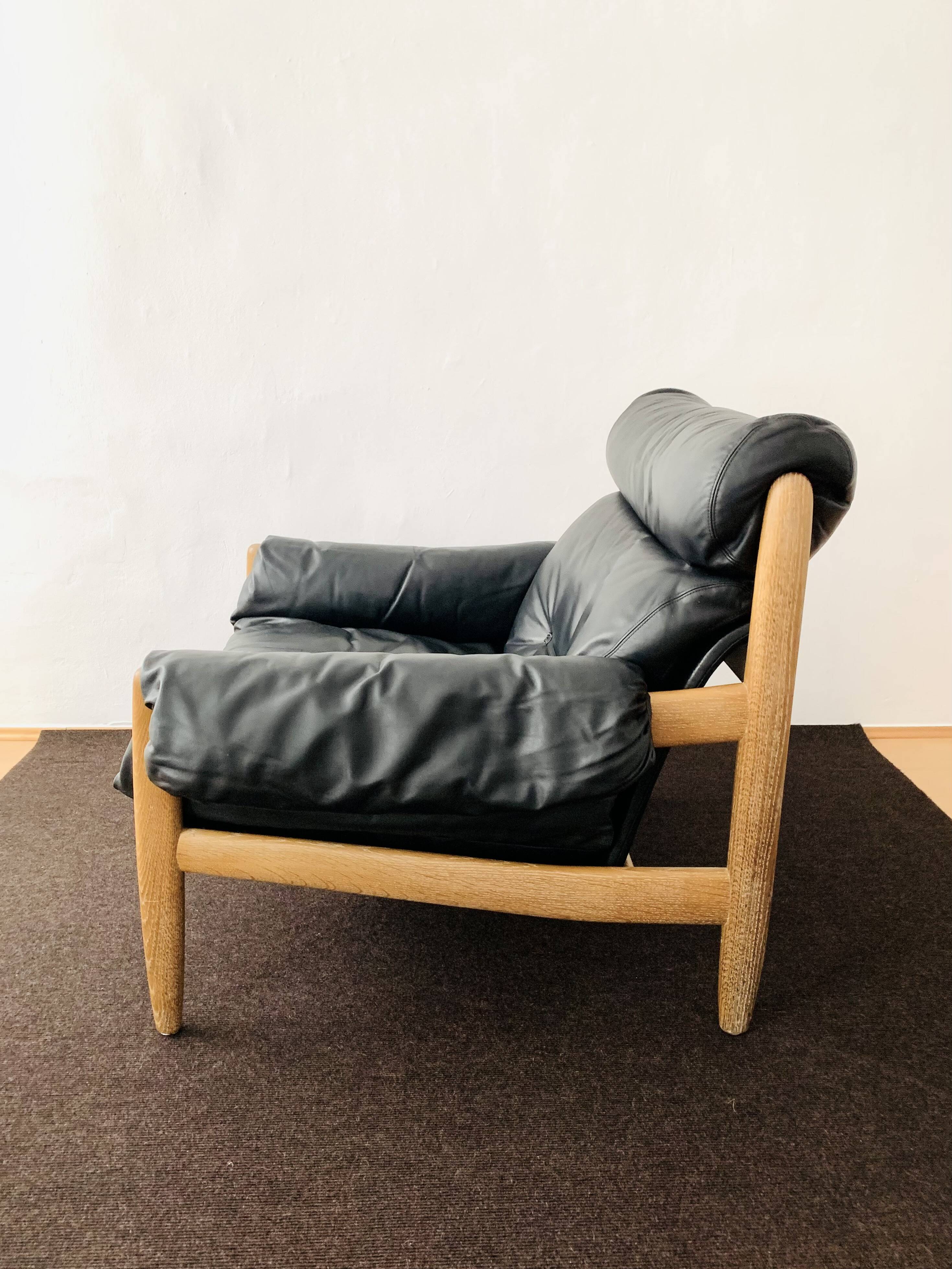 Danish Oak and Leather Lounge Chair with Ottoman