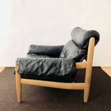 Danish Oak and Leather Lounge Chair with Ottoman