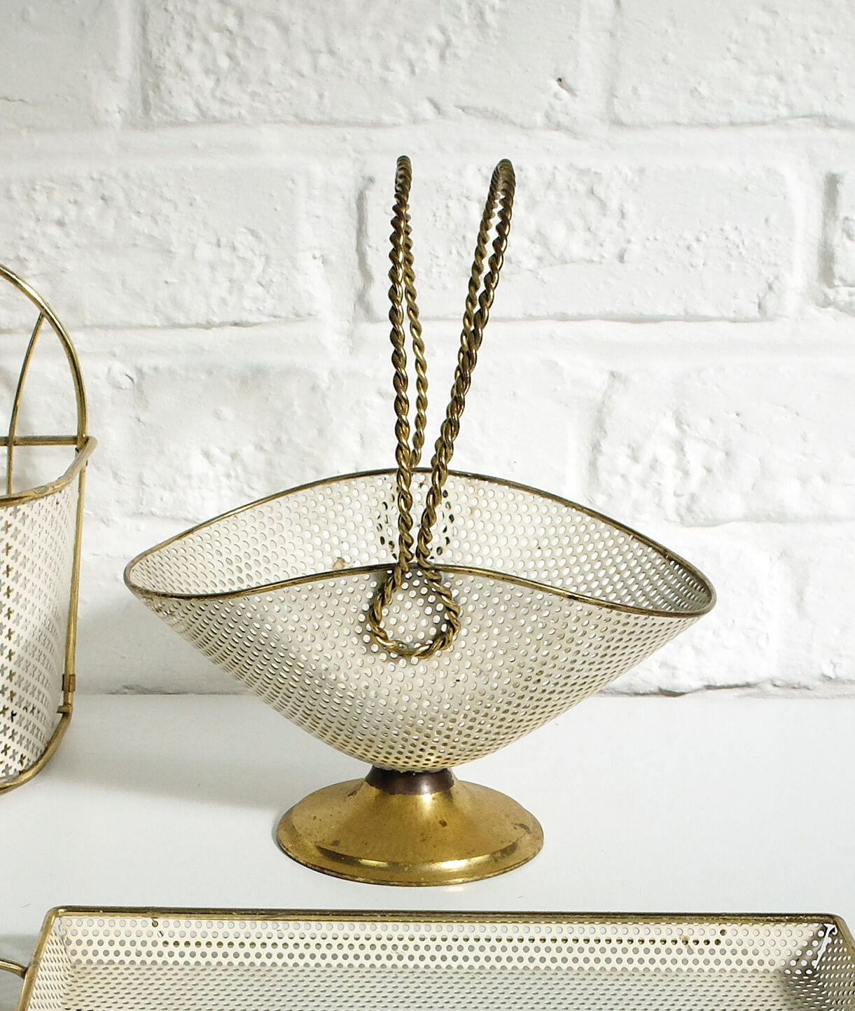 White and gold basket in perforated sheet metal & brass years 1950-60