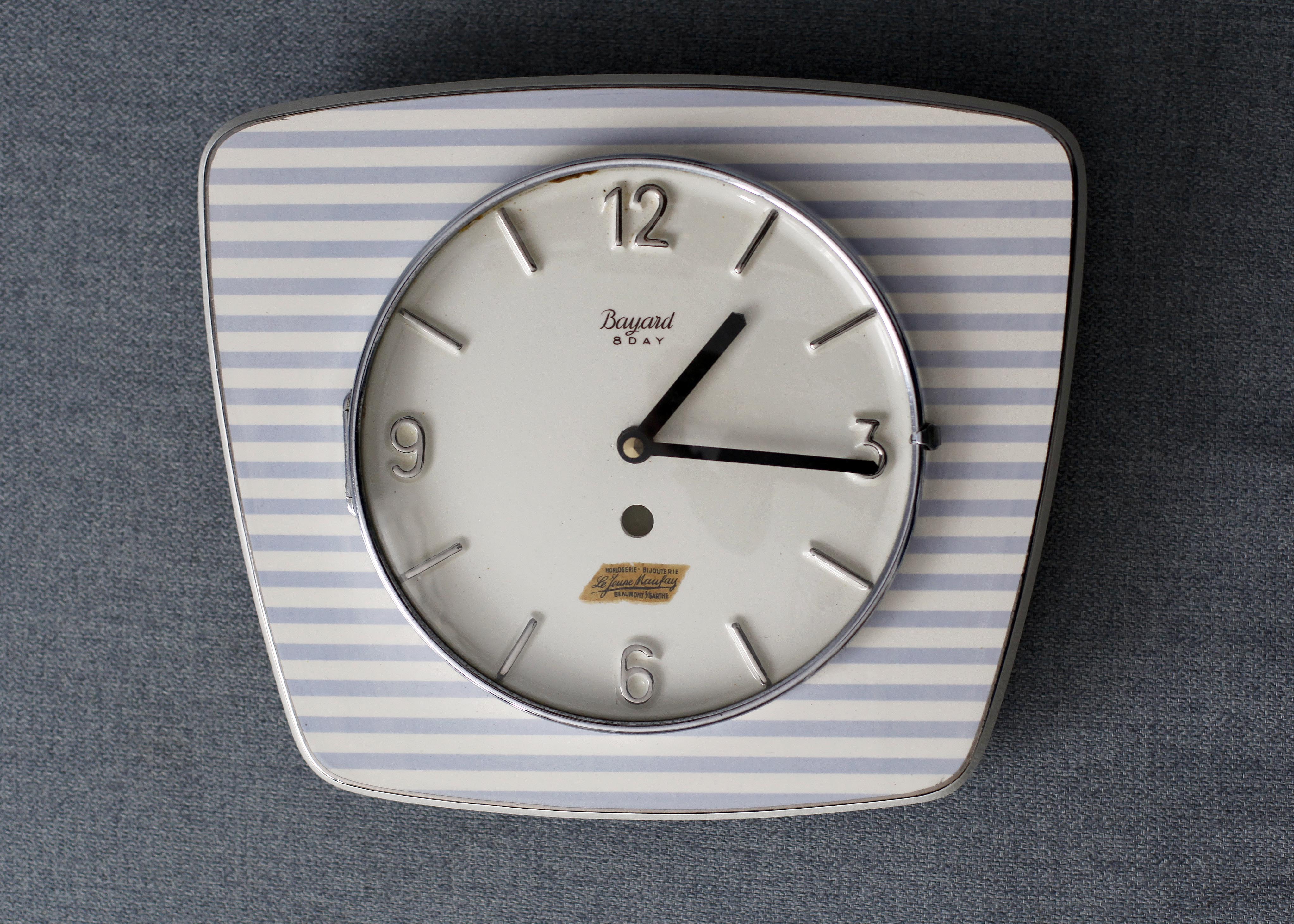 Vintage ceramic clock silent wall clock "Bayard white blue silver"