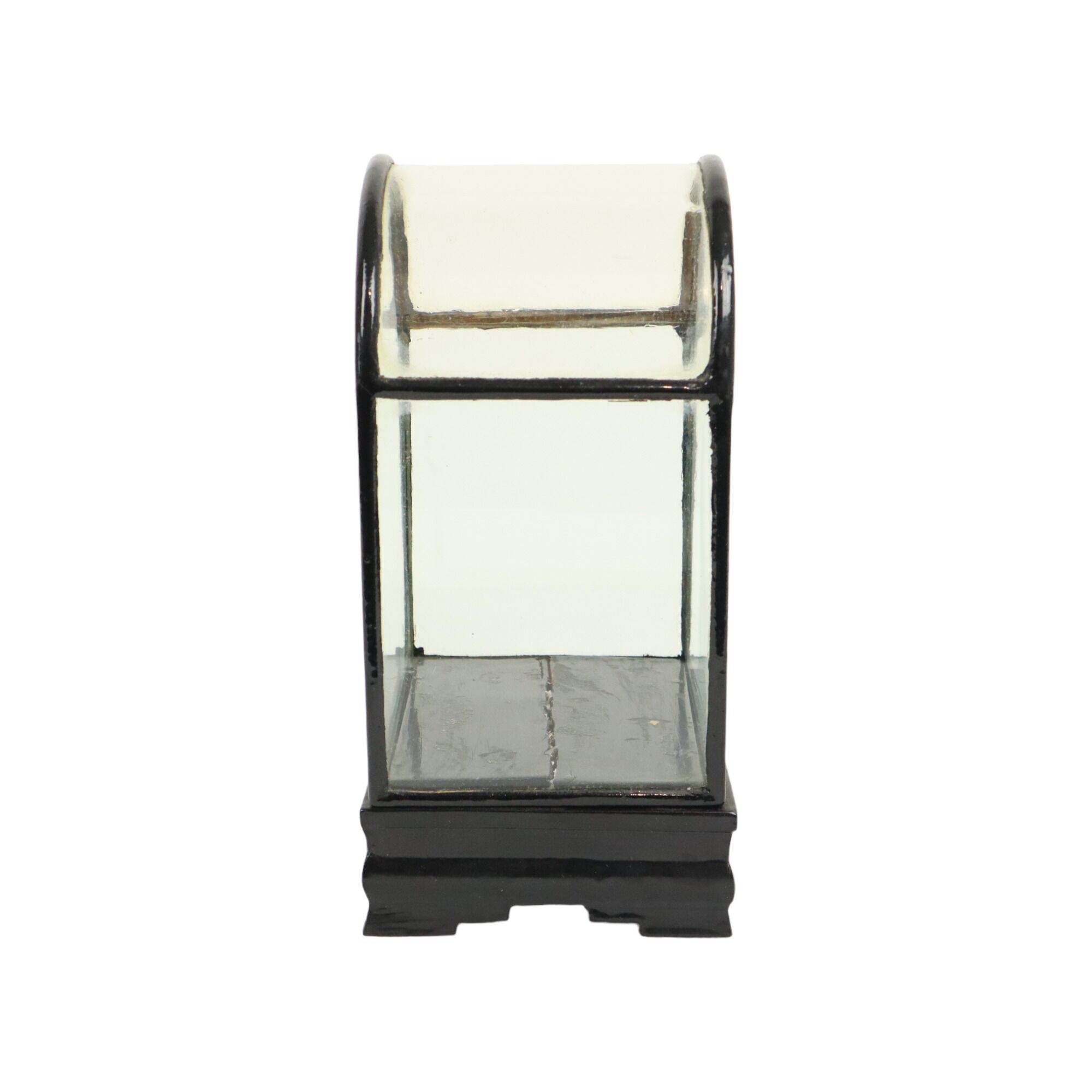 Small ancient chinese bell jar display curved glass black wooden base 21cm