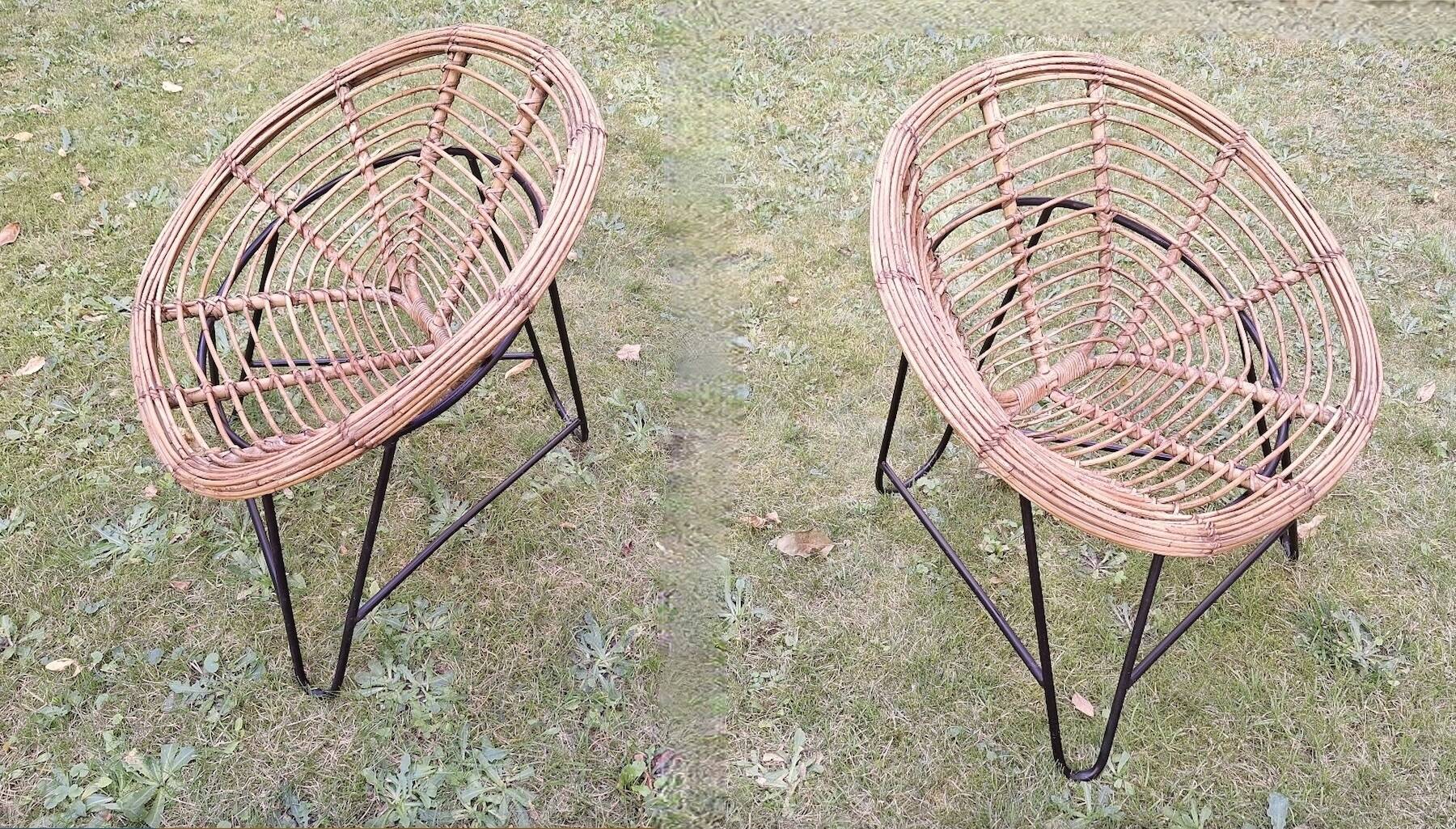 Pair of mid century bamboo and iron pod chairs, 1960s