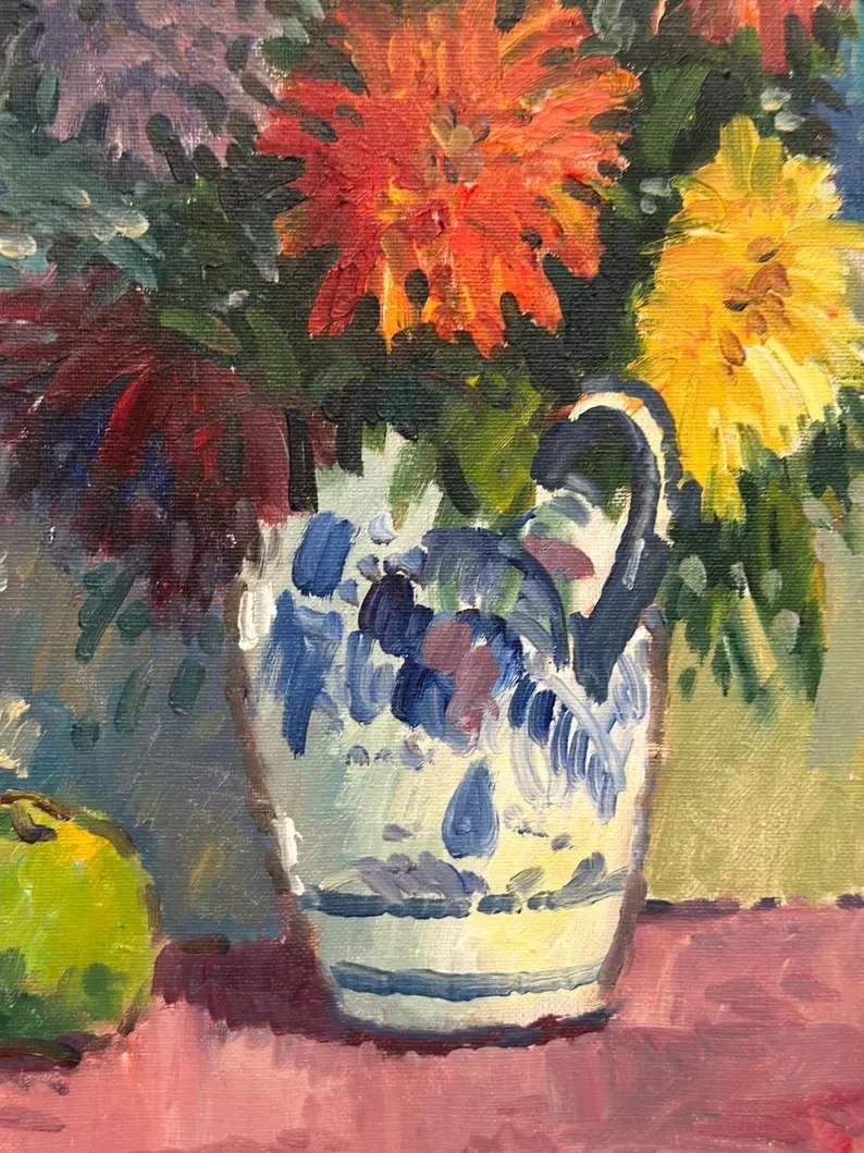 Original Swedish Oil on Canvas – “Asters in a Ceramic Vase” by Eric Lundgren – Signed – Vintage and Framed – 60 × 54 cm (23.6" × 21.3")
