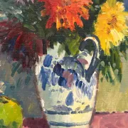 Original Swedish Oil on Canvas – “Asters in a Ceramic Vase” by Eric Lundgren – Signed – Vintage and Framed – 60 × 54 cm (23.6" × 21.3")