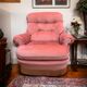 Pair of pink tufted velvet frog chairs from the 1970s.