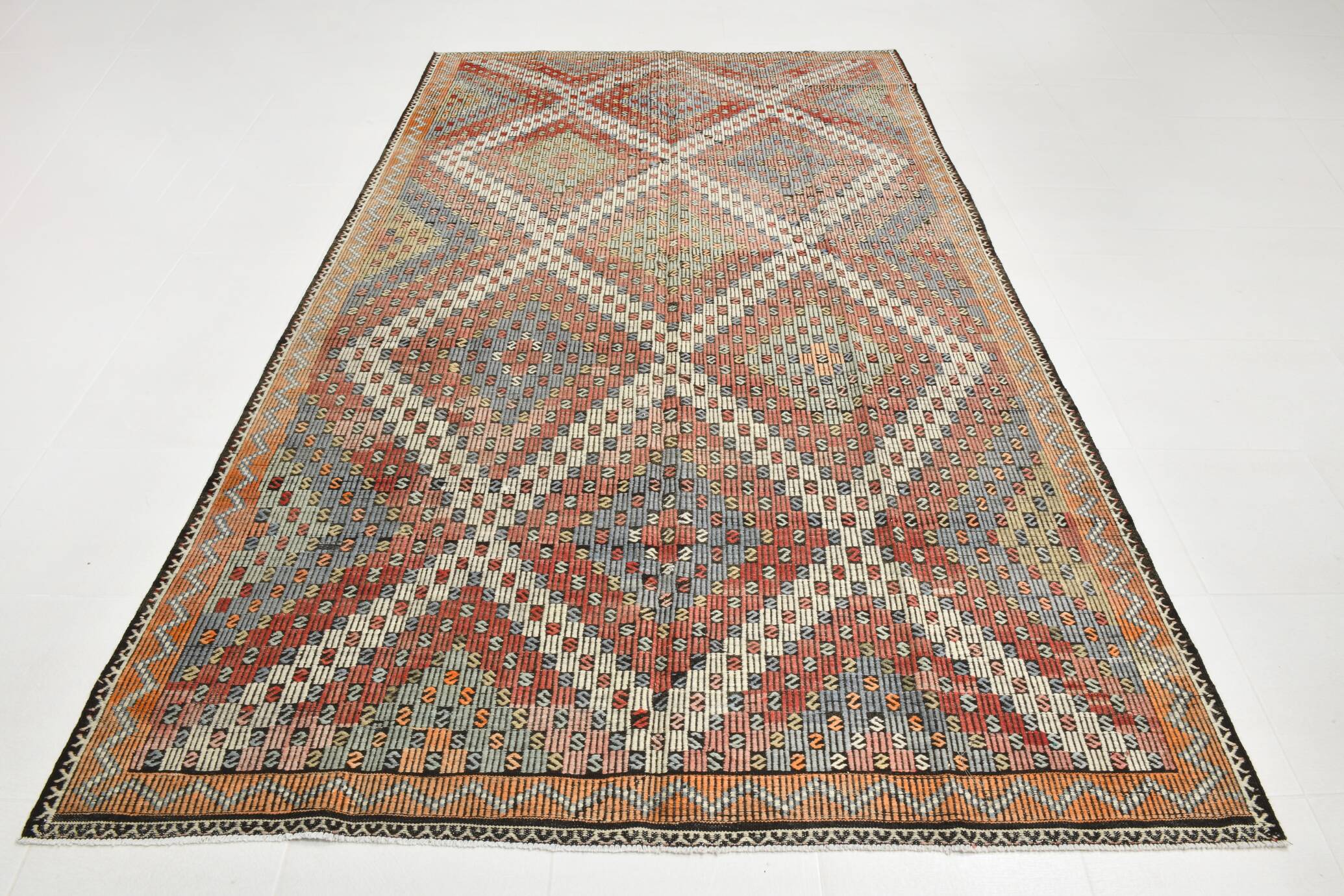 Burgundy & Green Turkish Vintage Kilim Rug