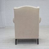 1960s, Danish wingback armchair, furniture velour, carved oak wood.