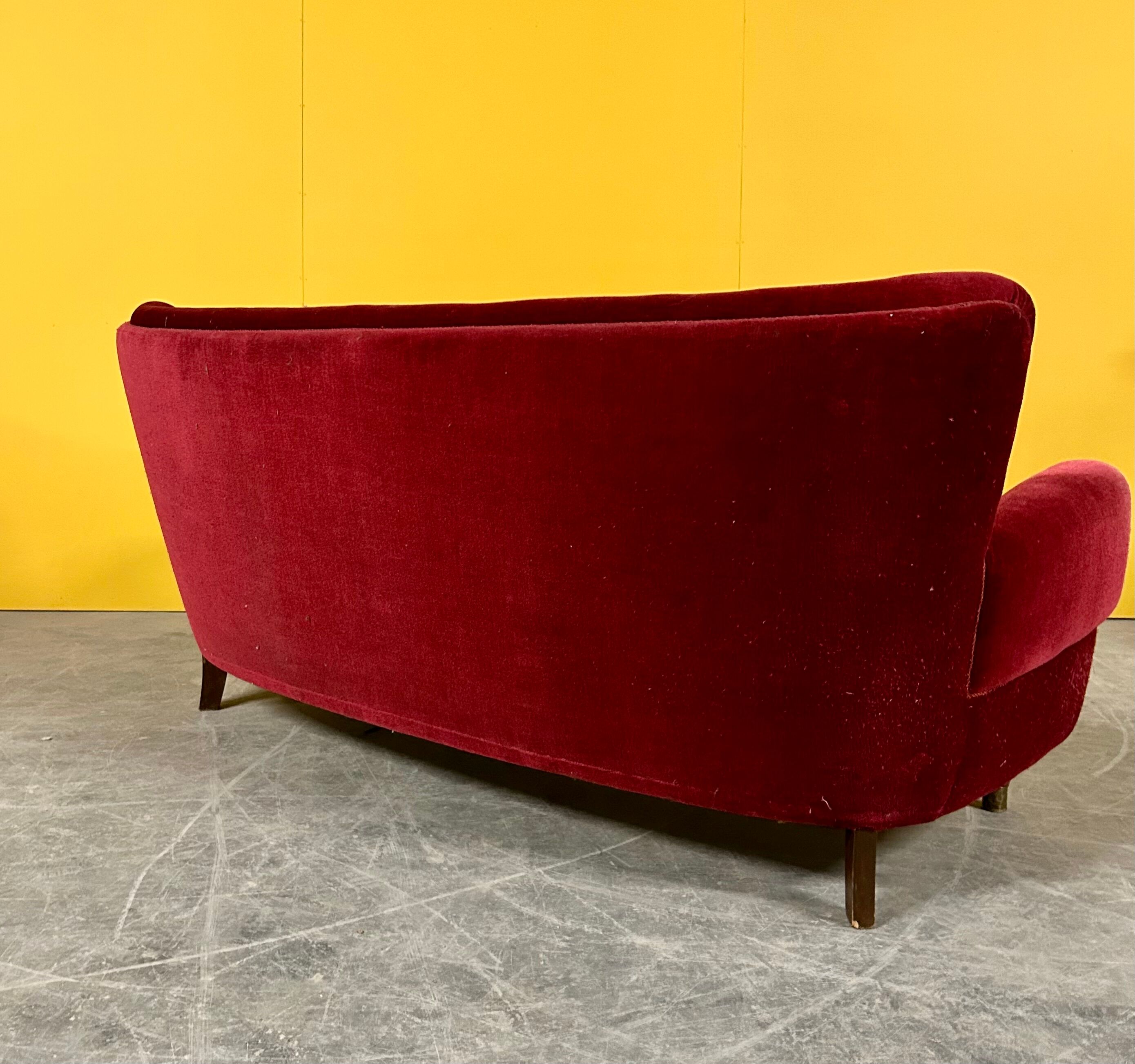 Danish 3 seater velvet curved sofa 1940s