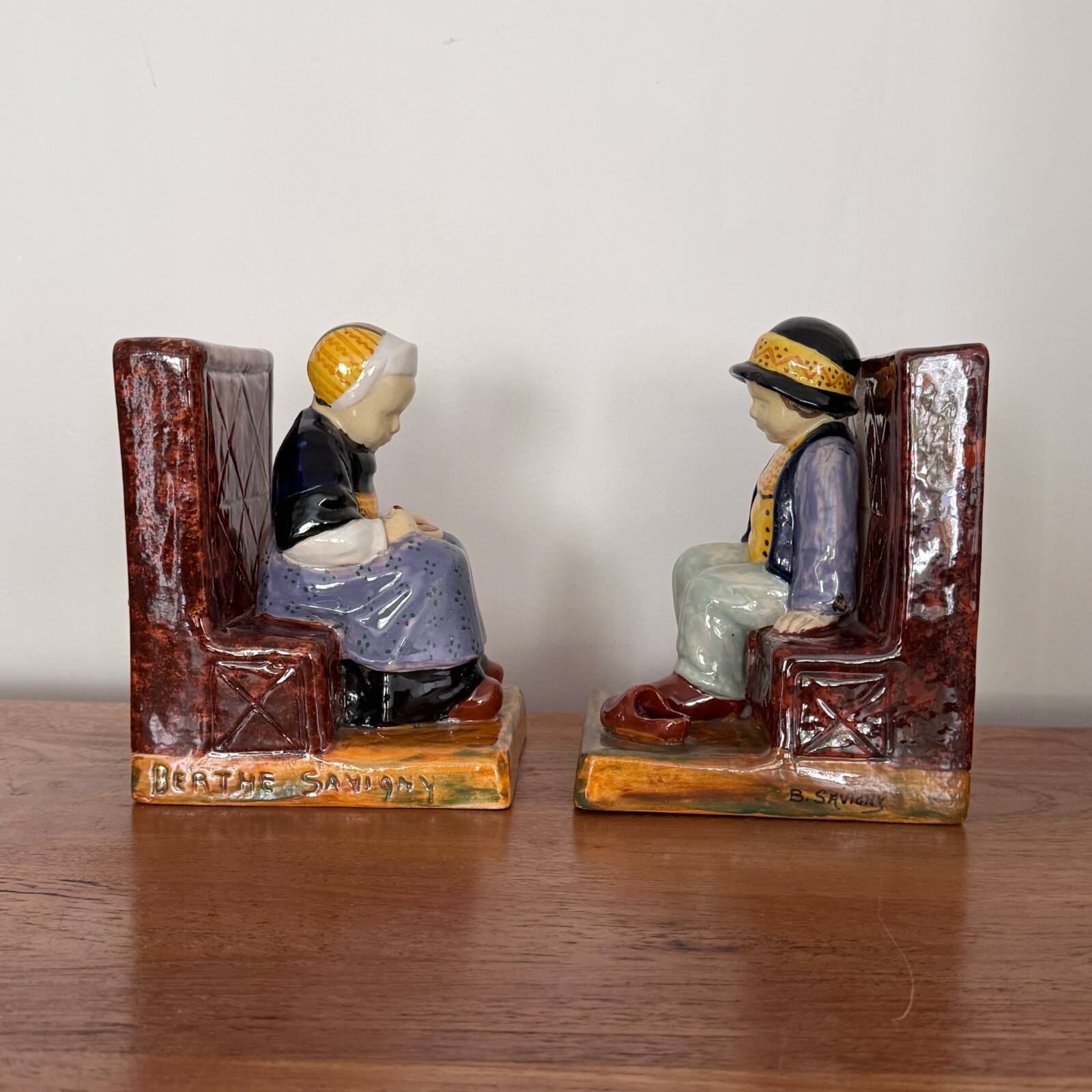 Pair of HB Quimper bookends by Berthe Savigny seated children
