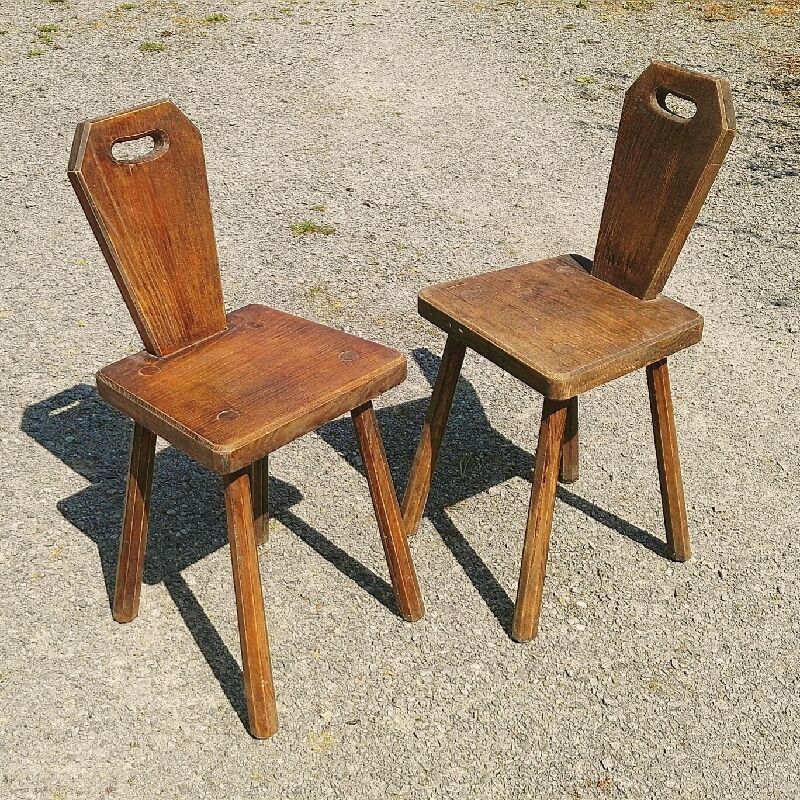 Pair of brutalist vintage chairs wood varnish countryside