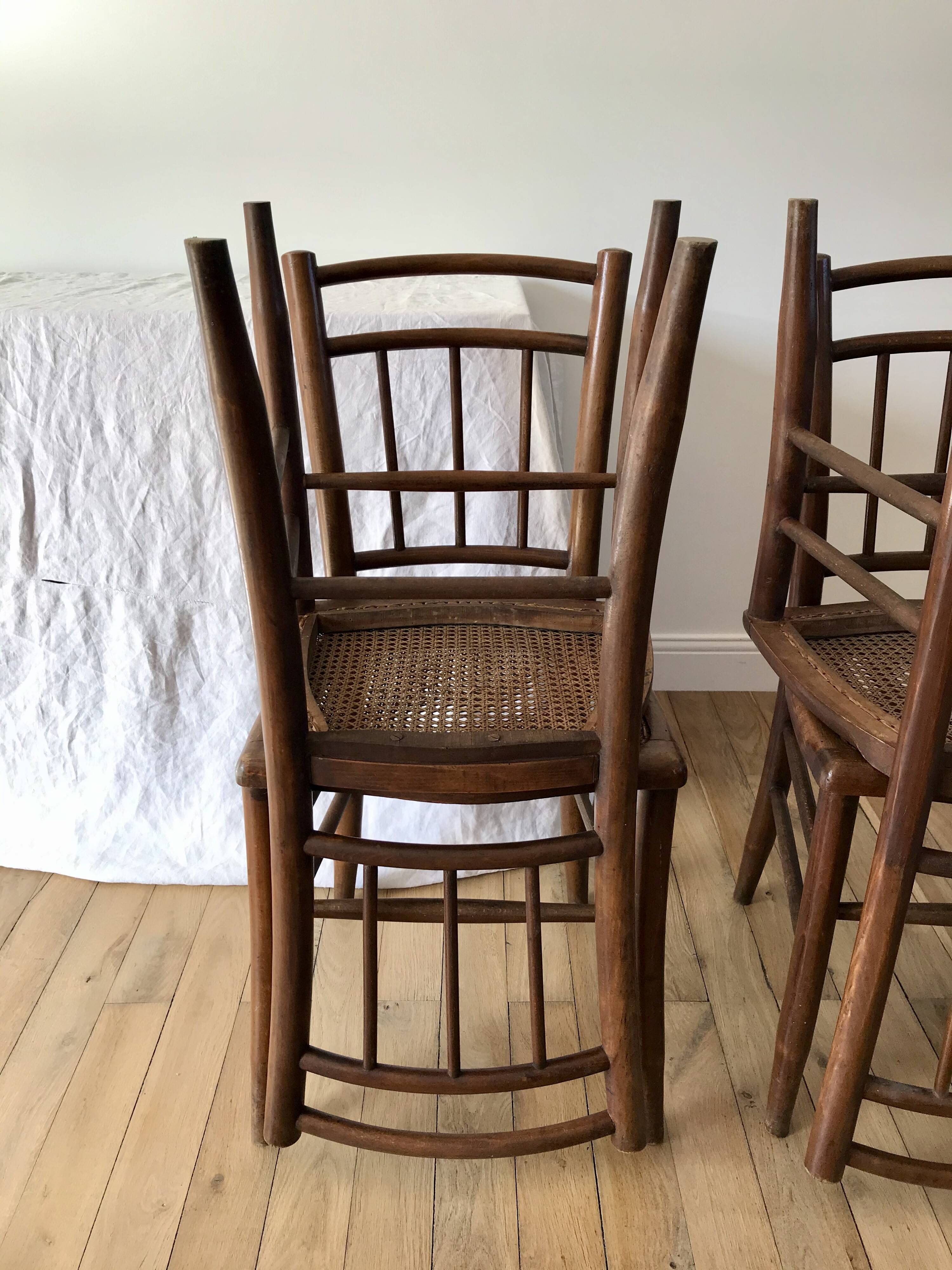 set of 4 bistro chairs in turned wood and canework stamped early 20th century
