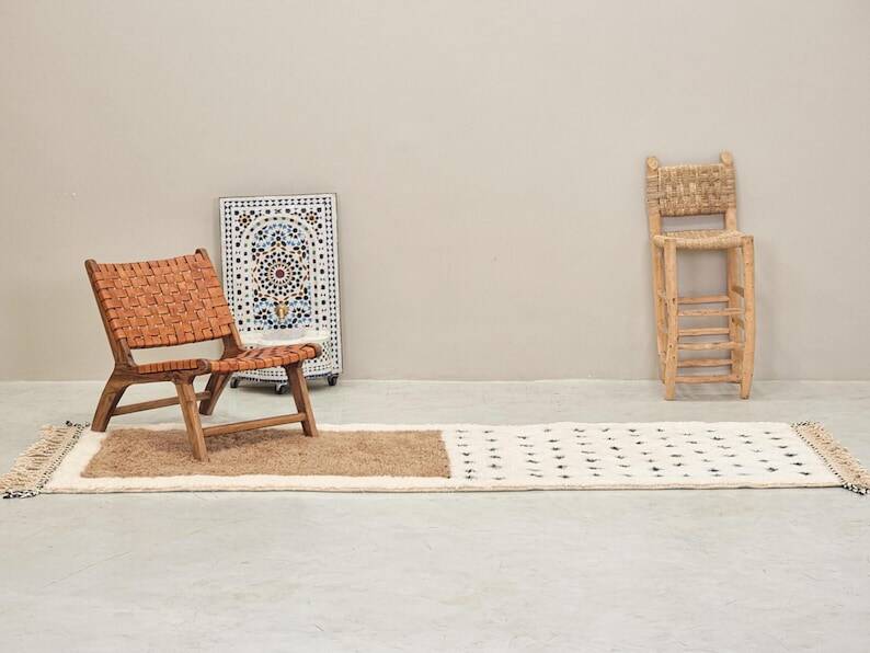 Moroccan polka dot hallway, white and brown beni ourain rug, berber design