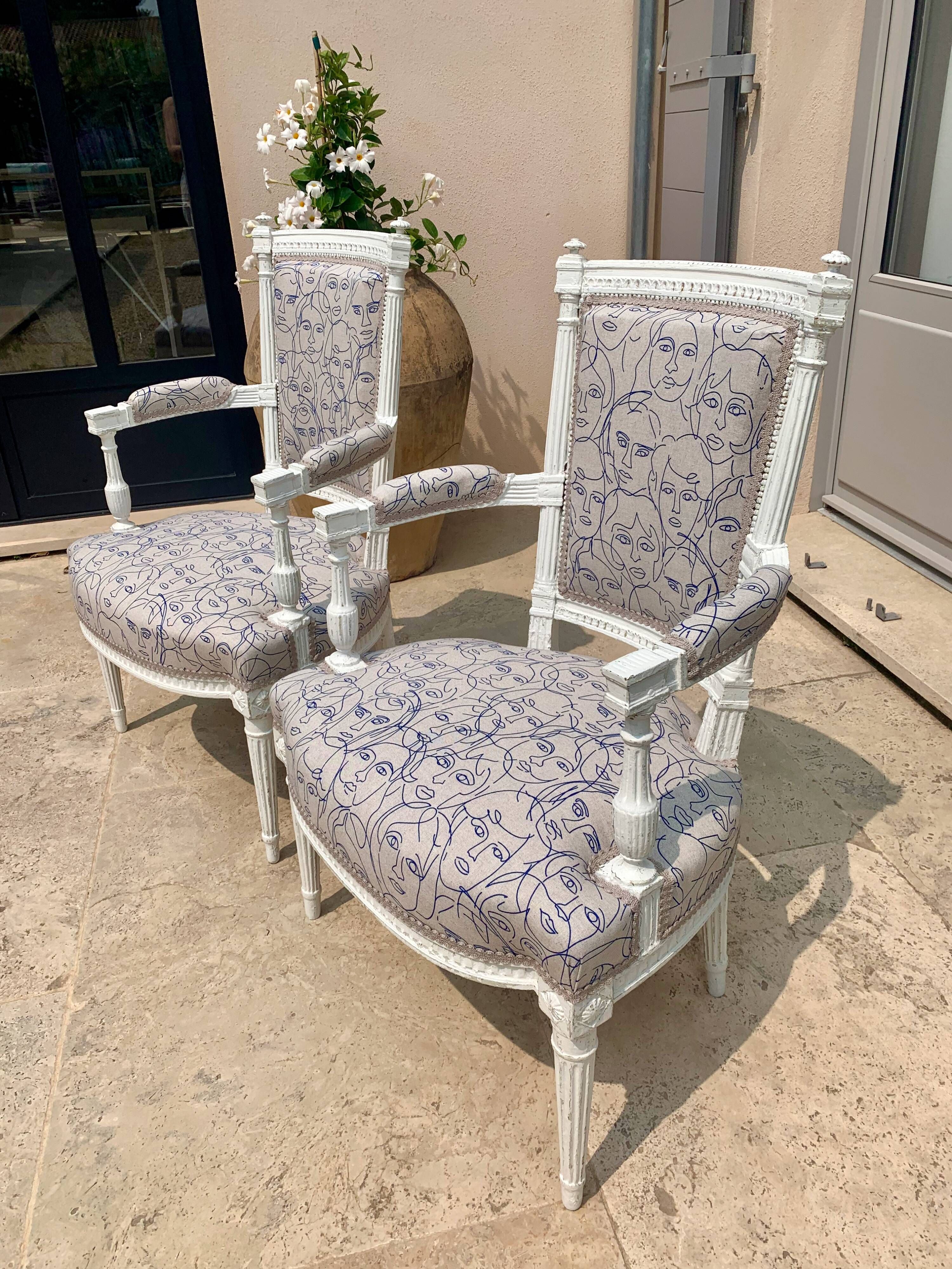 Pair of patinated louis xvi period armchairs, new tapestry