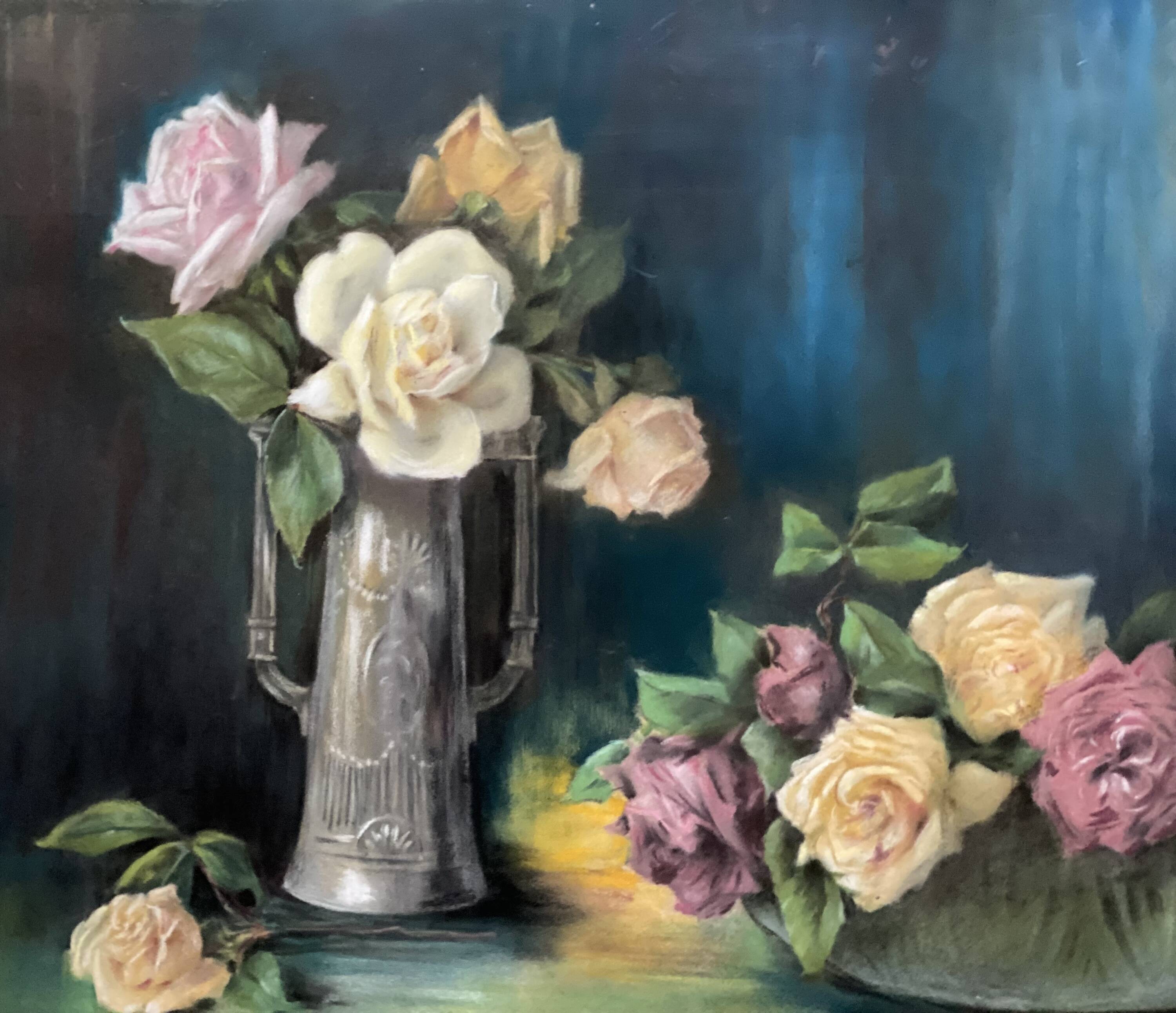 Old pastel painting, bouquets of roses, still life signed M. Legendre