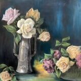 Tableau au pastel ancien, bouquets de roses, nature morte signée M. Legendre