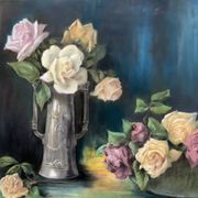 Old pastel painting, bouquets of roses, still life signed M. Legendre