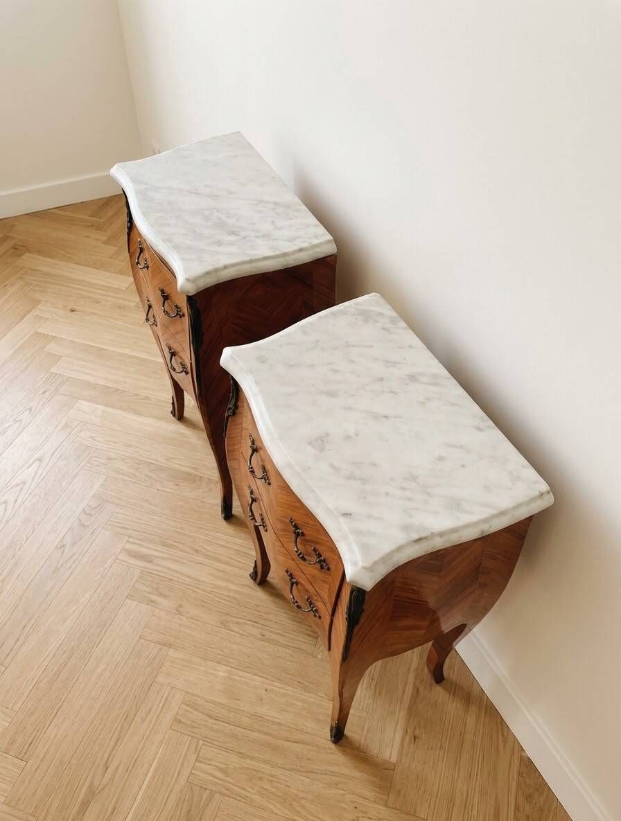 Pair of antique Louis XV bedside tables in marquetry and marble.