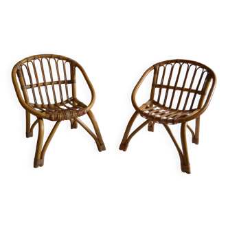Pair of vintage rattan children's armchairs and chairs