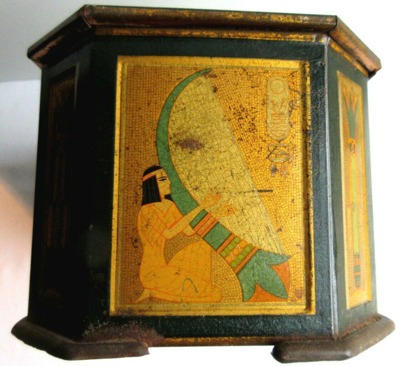 Octagonal sewing box with mirror, lithographed sheet: antique scene, 1900