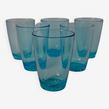 Lot de 7 verres à eau Made in France en verre bleu années 70